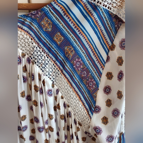 Free People Rain Or Shine Blue and White Lace up Mini Dress | Balloon Sleeve | M - Picture 6 of 9